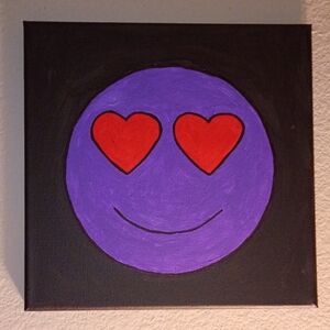 Handpainted Purple Heart Eyes Smiley Face Canvas Art | 10x10 Pop Art Wall Decor
